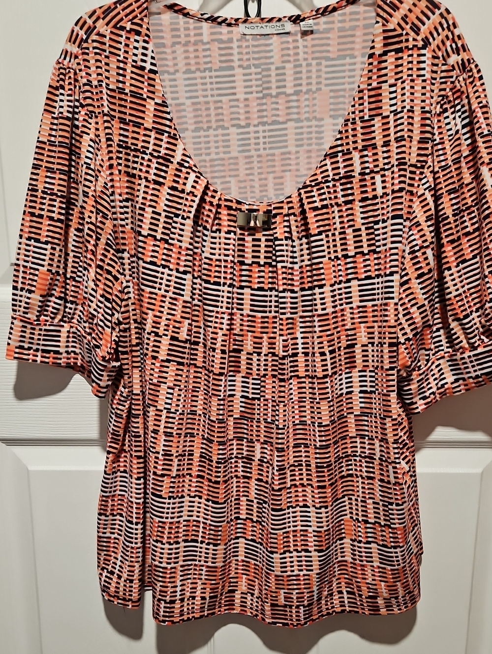 Notations Peach, Black & White Geometric Scoop-Neck Blouse